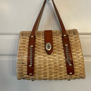 Vintage leather handle wicker bag